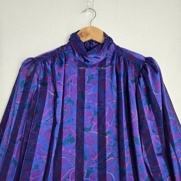 VTG Stuart Lang Blouse Sz 14 Purple Geo Print High Neck Long Sleeve Secretary - Picture 2 of 16